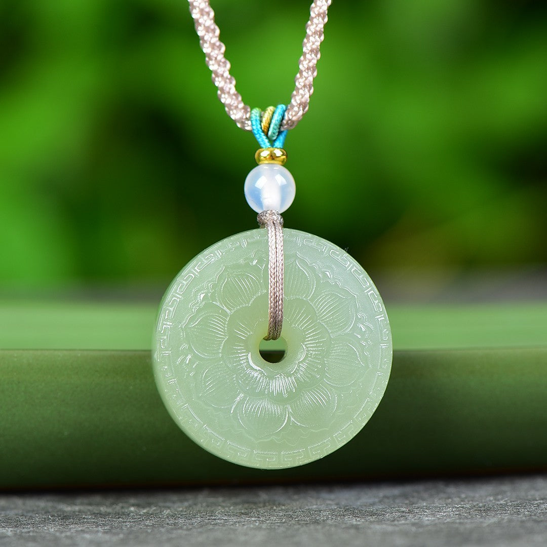 Lake green Hetian jade lotus Ping An Kou pendant 29 mm