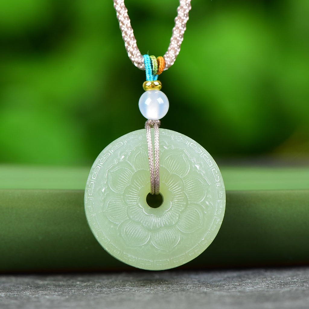 Natural Hetian jade lotus peace buckle necklace carved floral detail
