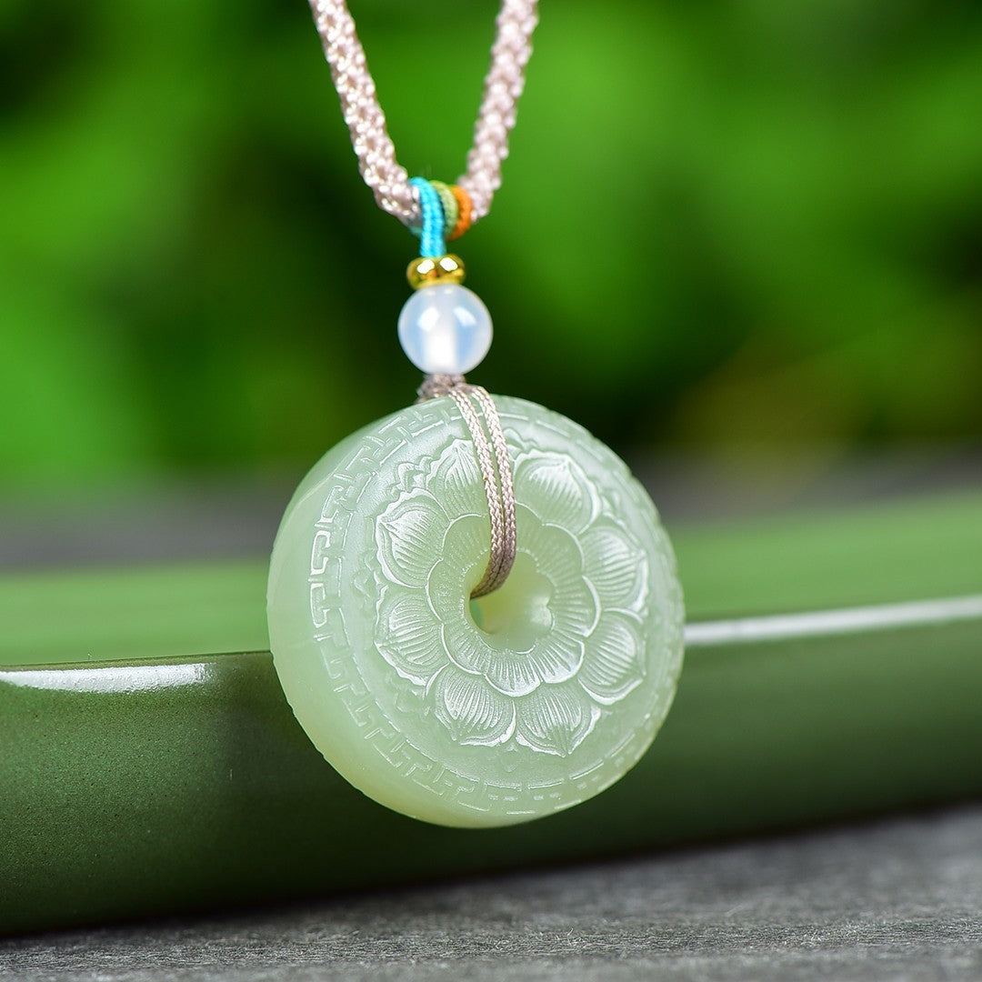 Certified Hetian jade lotus pendant polished round profile
