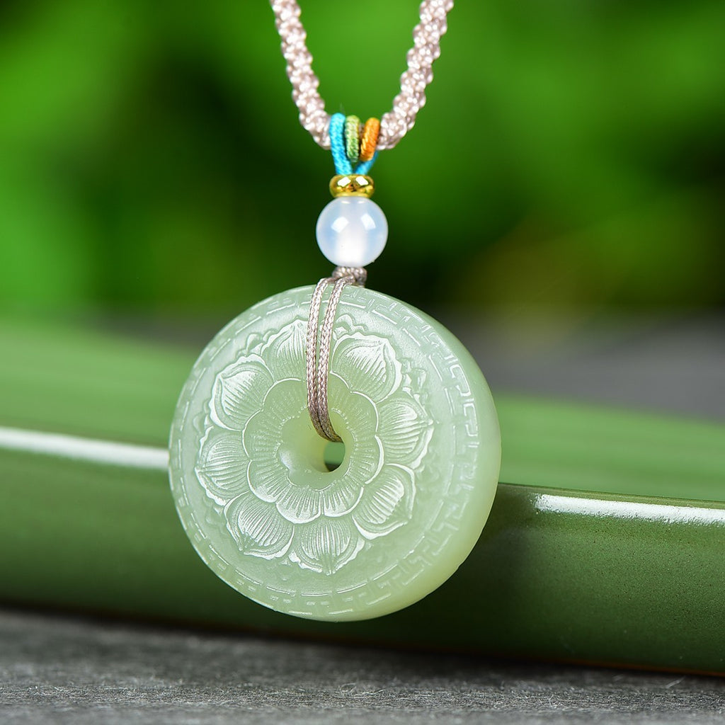 Premium natural Hetian jade lotus peace buckle pendant for men and women