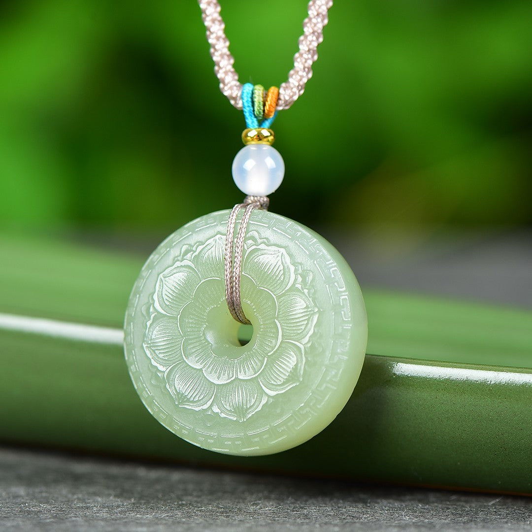 Premium natural Hetian jade lotus peace buckle pendant for men and women