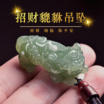 Green Hetian jade Pixiu pendant necklace with polished round beads