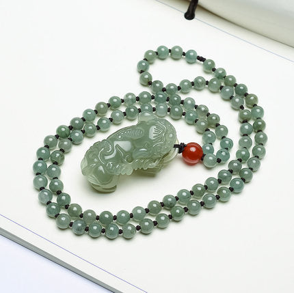 Certified Hetian jade Pixiu prosperity amulet beaded necklace