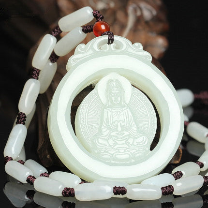 Certified natural Hetian jade rotating Guanyin pendant with original-stone bead necklace
