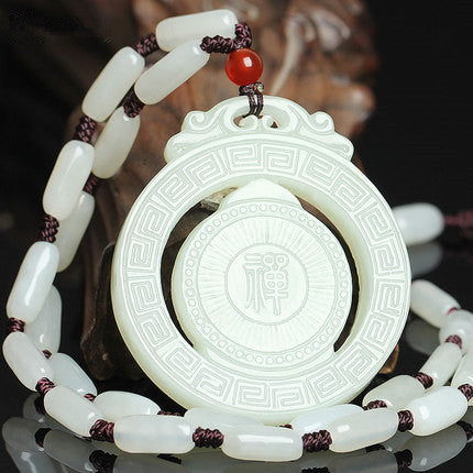 Hetian jade Guanyin rotating medallion pendant reverse Zen character carving