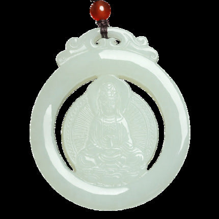 Natural Hetian jade rotating Guanyin medallion pendant isolated front view