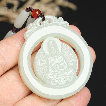 Certified Hetian jade Guanyin pendant hand-held scale view 55 mm
