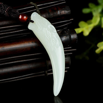 Certified nephrite jade wolf fang necklace pendant unisex amulet