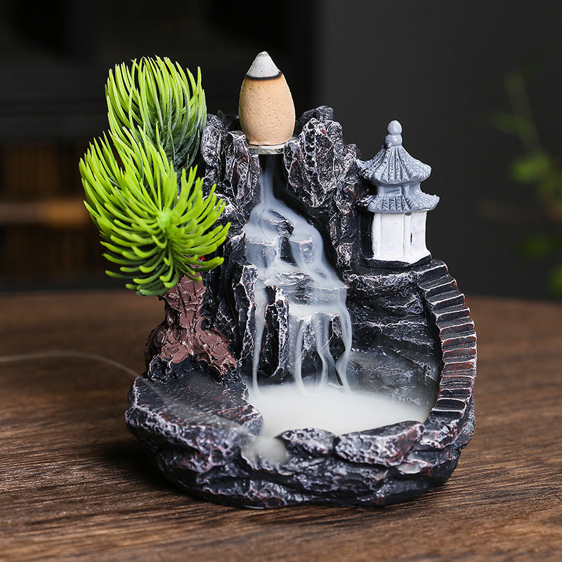 High mountain flowing water backflow incense burner with pine and pagoda