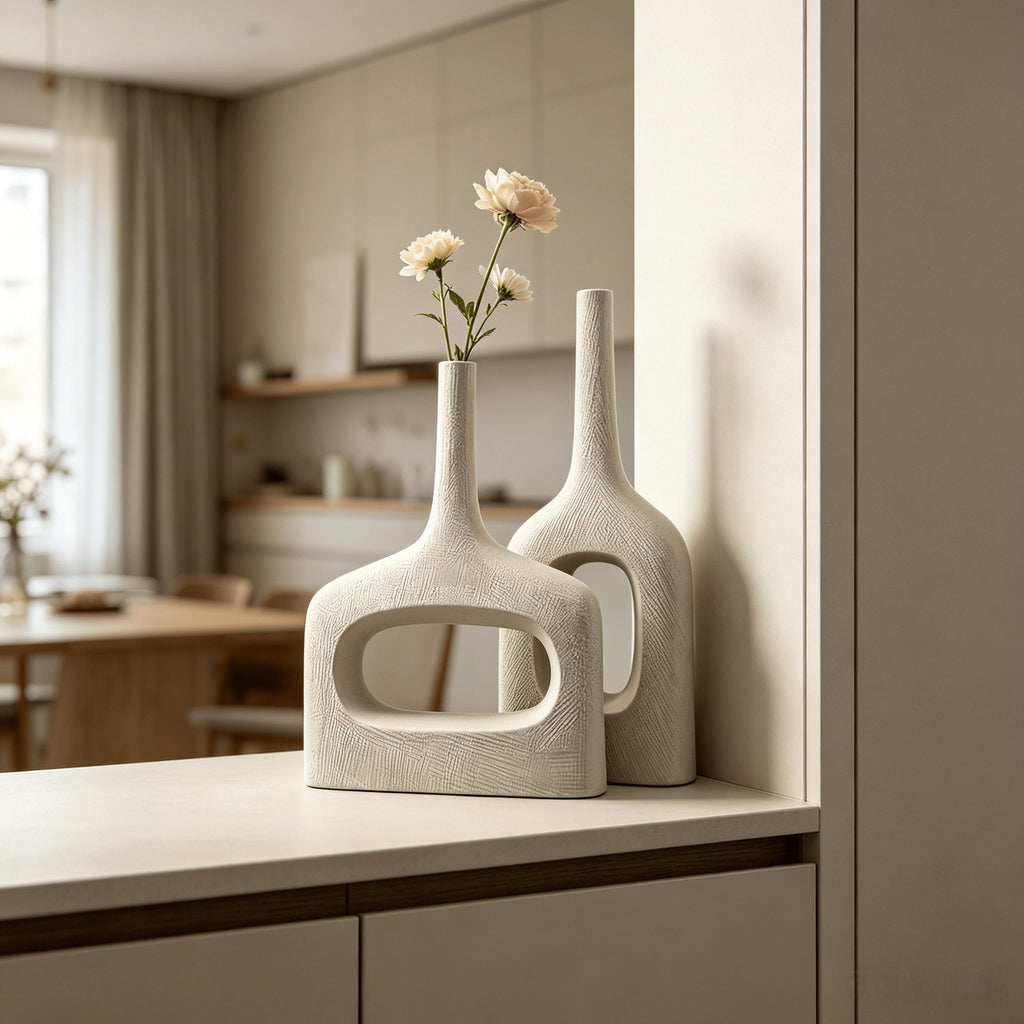 White hollow geometric ceramic vases styled on a contemporary console
