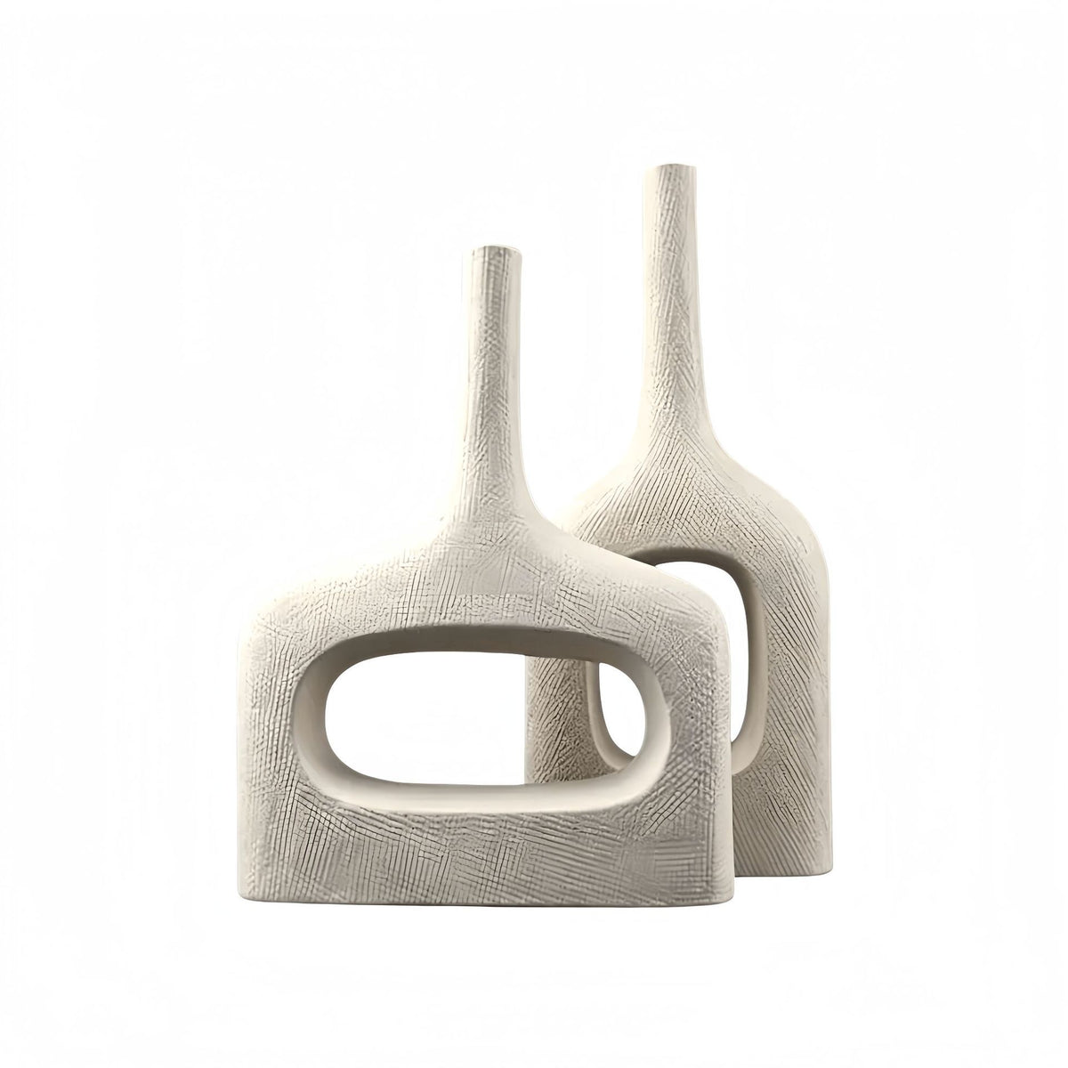 White hollow ceramic vase pair showing low and tall architectural forms