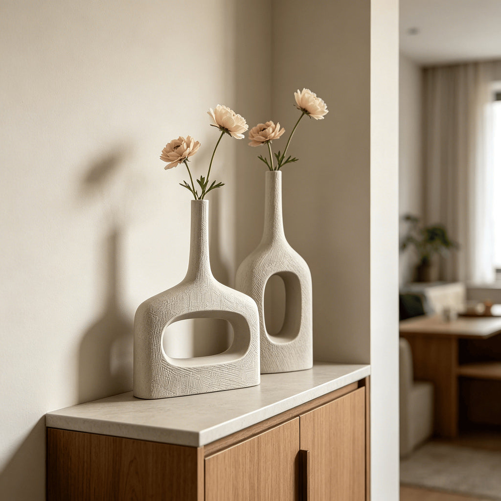 White hollow geometric ceramic vases styled with flowers in a warm minimalist interior