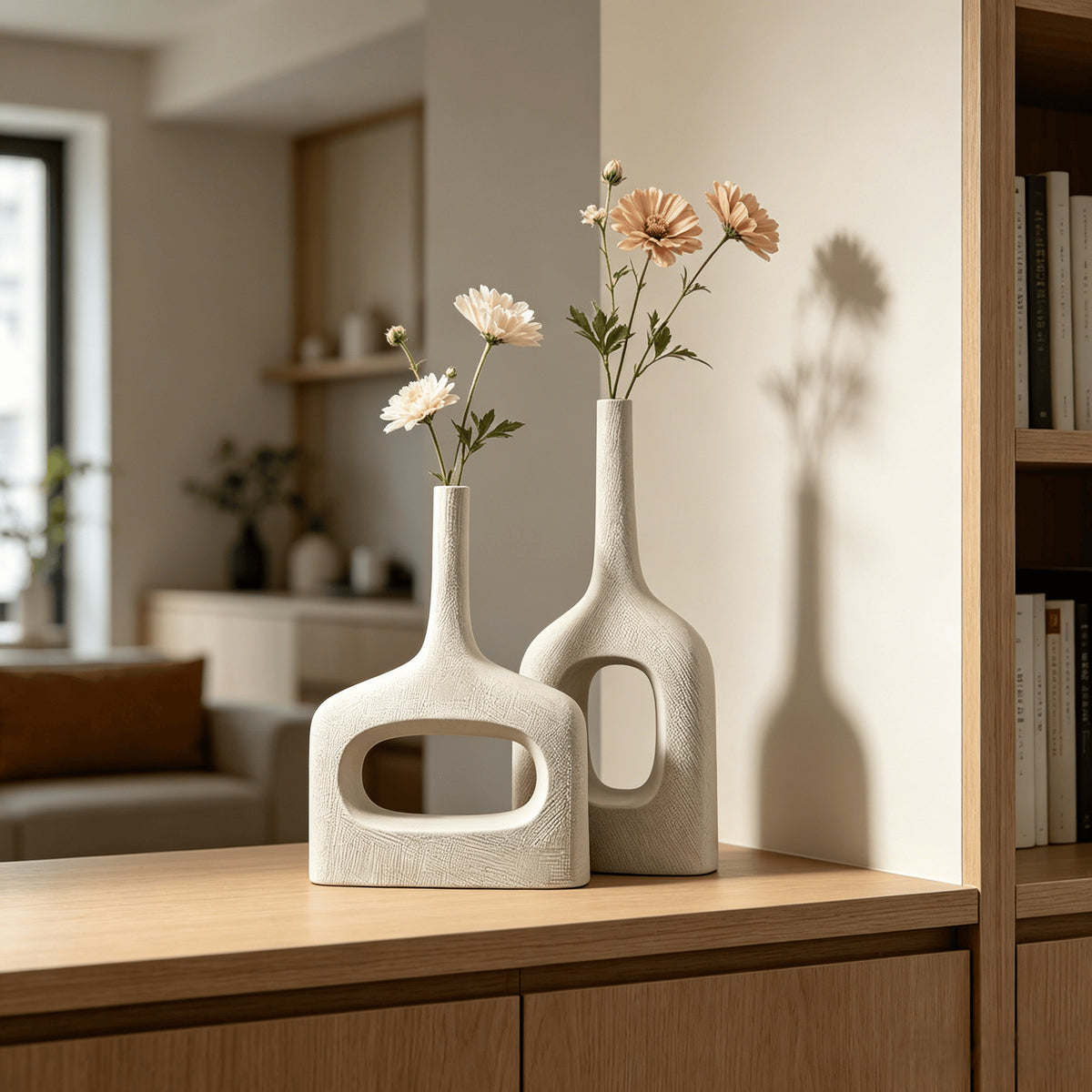 White low and tall hollow geometric ceramic vases on a wood console