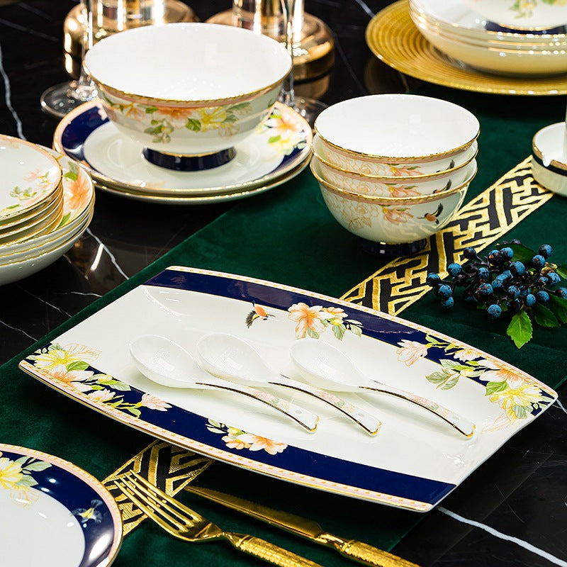 Hua Niao Tu floral bird bone china rectangular platter and serving spoons