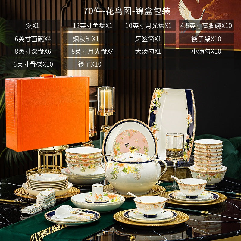 Hua Niao Tu floral bird bone china dinnerware 70-piece brocade box presentation