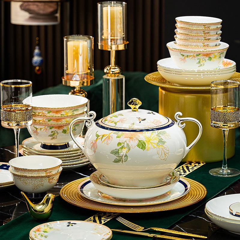 Hua Niao Tu floral bird bone china covered serving tureen and bowls