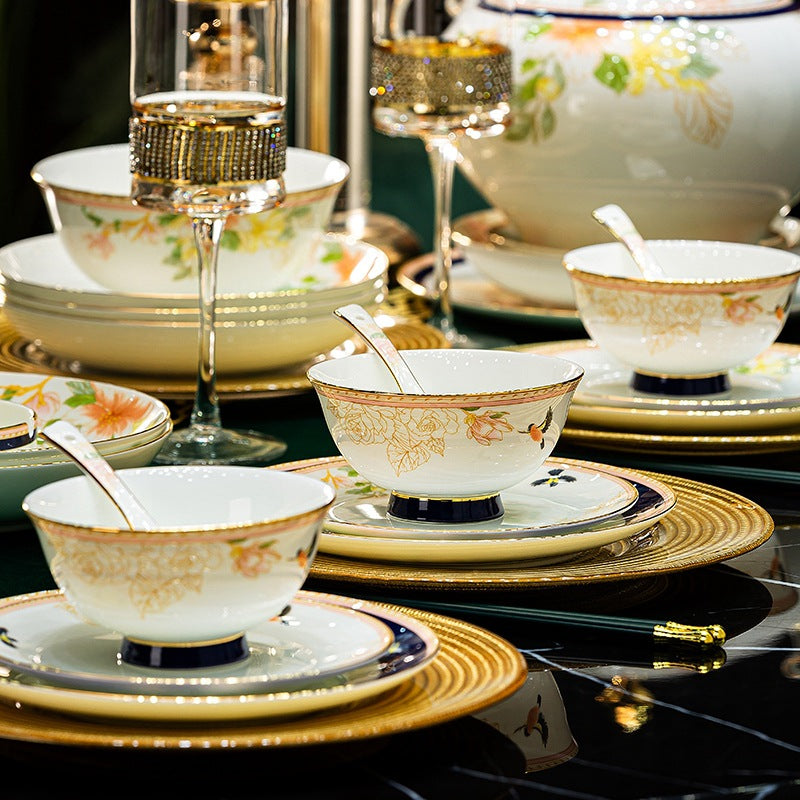 Hua Niao Tu floral bird bone china place settings with navy and gold detail