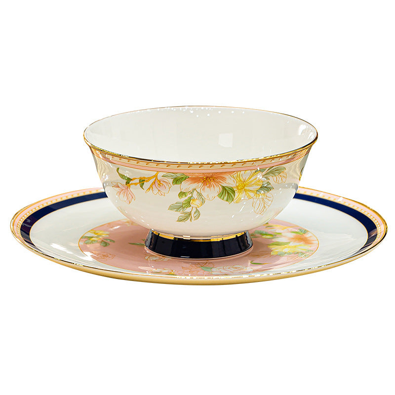 Hua Niao Tu floral bird bone china bowl and plate set detail