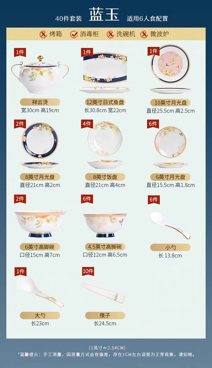 Hua Niao Tu bone china dinnerware second size and piece reference chart