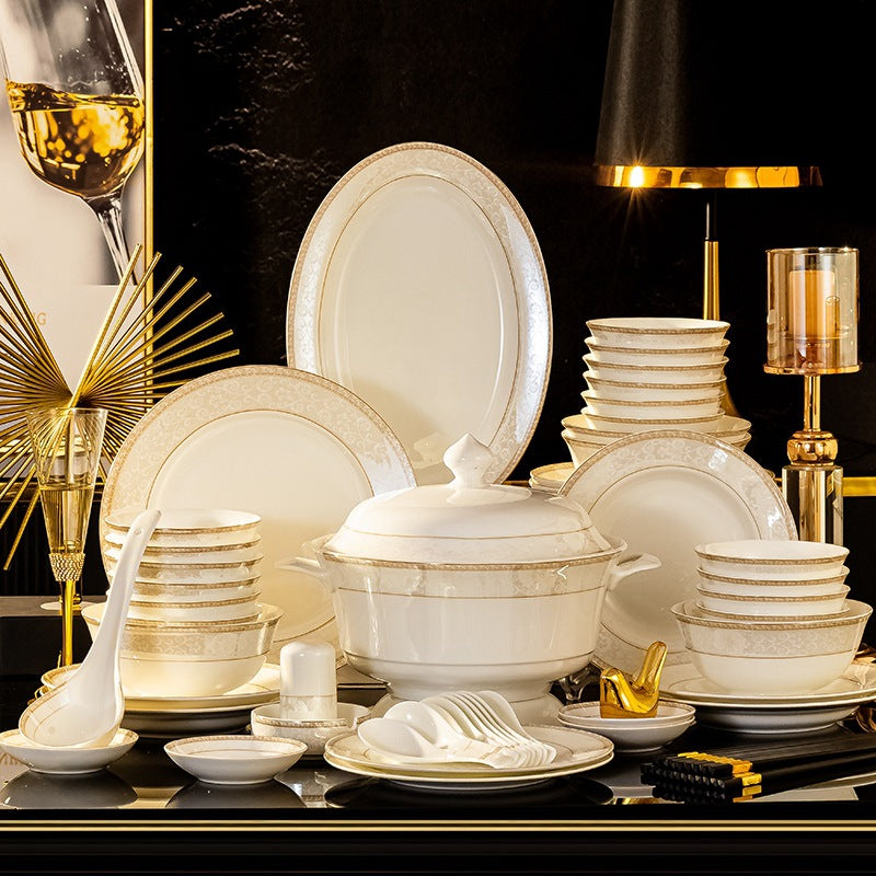Hua Yang Shi Guang ivory and gold bone china dinnerware full set