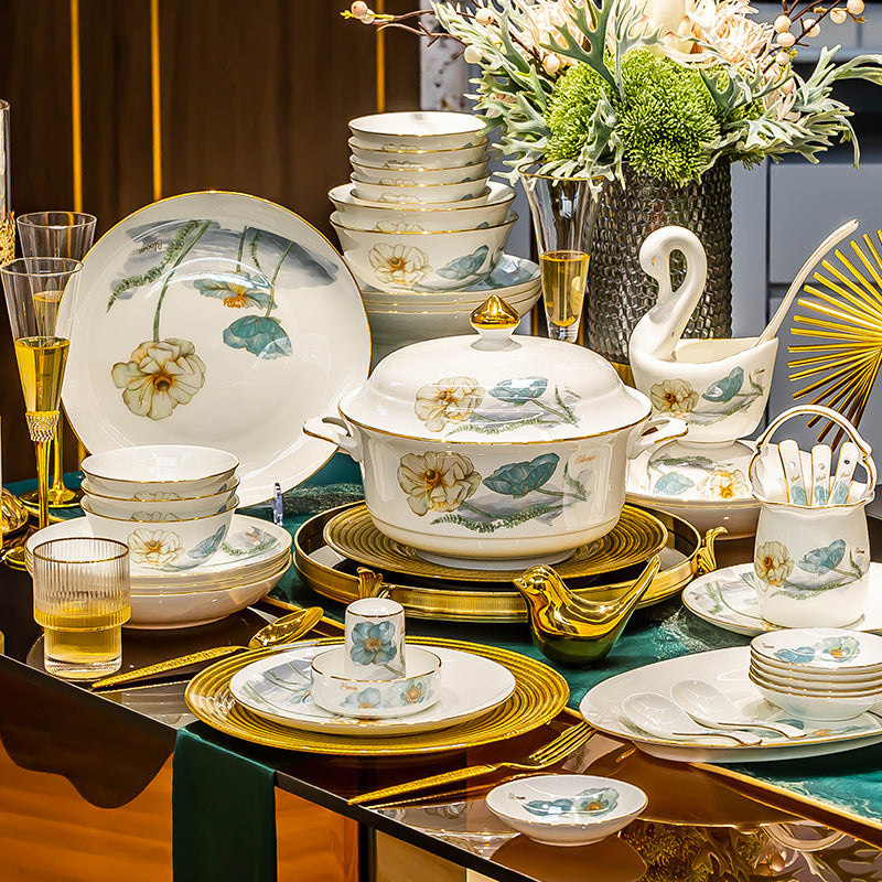 Huakai Fugui 60-piece floral bone china dinnerware complete set with gold accents