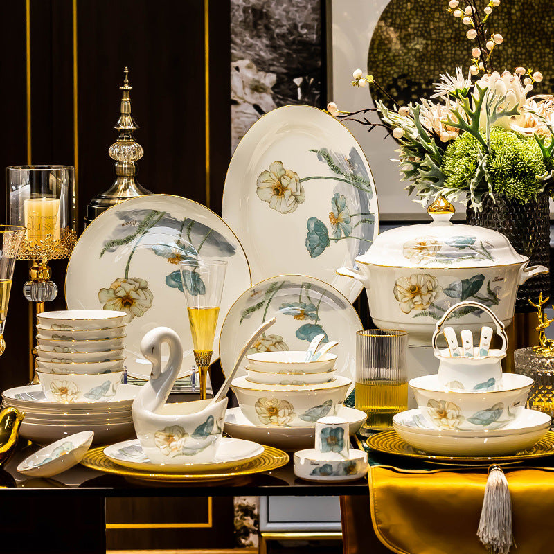Huakai Fugui bone china serving set with floral platters bowls casserole and gold accents