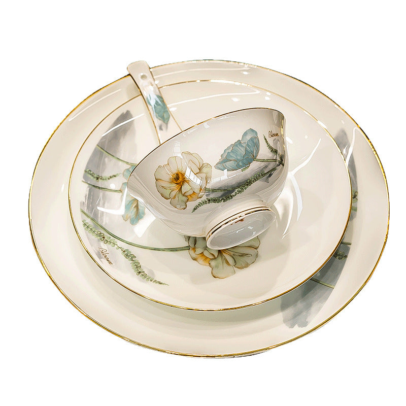 Huakai Fugui bone china table setting with floral bowl layered plates and spoon