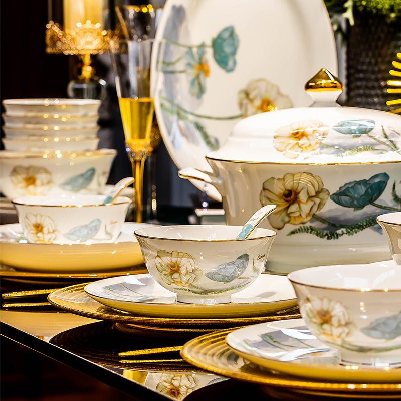 Huakai Fugui floral bone china bowl and plate place setting with gold rim detail
