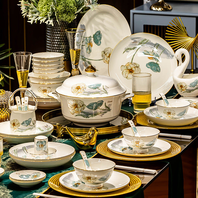 Huakai Fugui floral bone china dinnerware styled on a luxury dining table