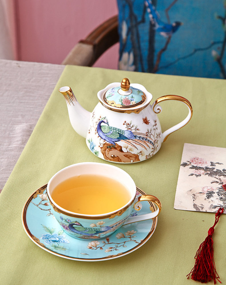 Hundred Birds Blessing blue bone china tea-for-one set with teapot, cup and saucer, bird and floral decoration and gold-tone details