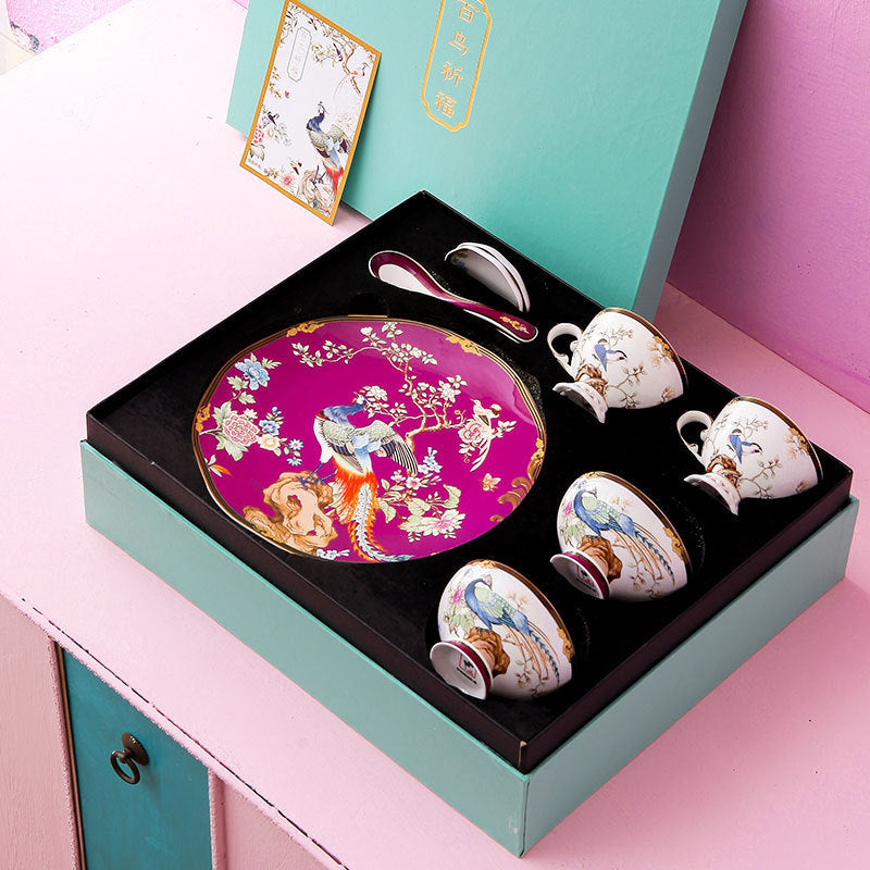 Hundred Birds Facing the Phoenix 11-piece bone china gift box set with cups bowls and decorative plate