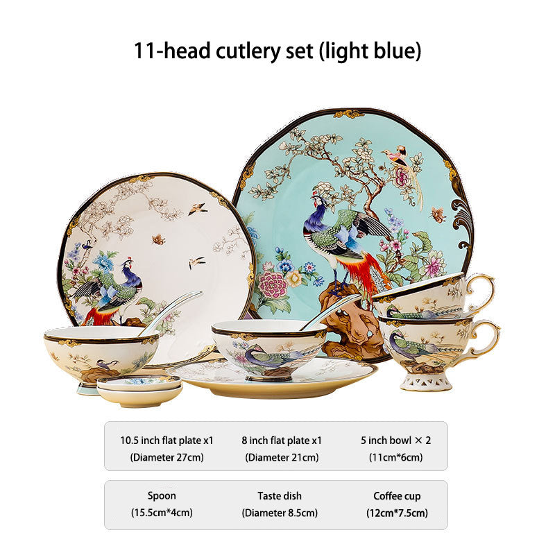 11-piece light blue Hundred Birds Facing the Phoenix bone china dinnerware set