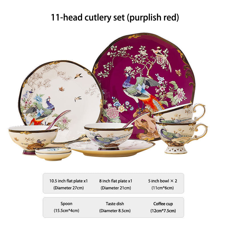 11-piece purplish red Hundred Birds Facing the Phoenix bone china dinnerware set