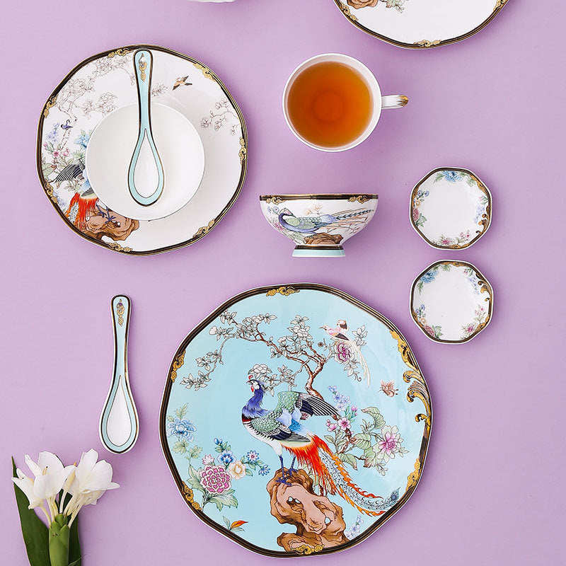 Light blue Hundred Birds Facing the Phoenix bone china table setting with plate bowl spoon and tea