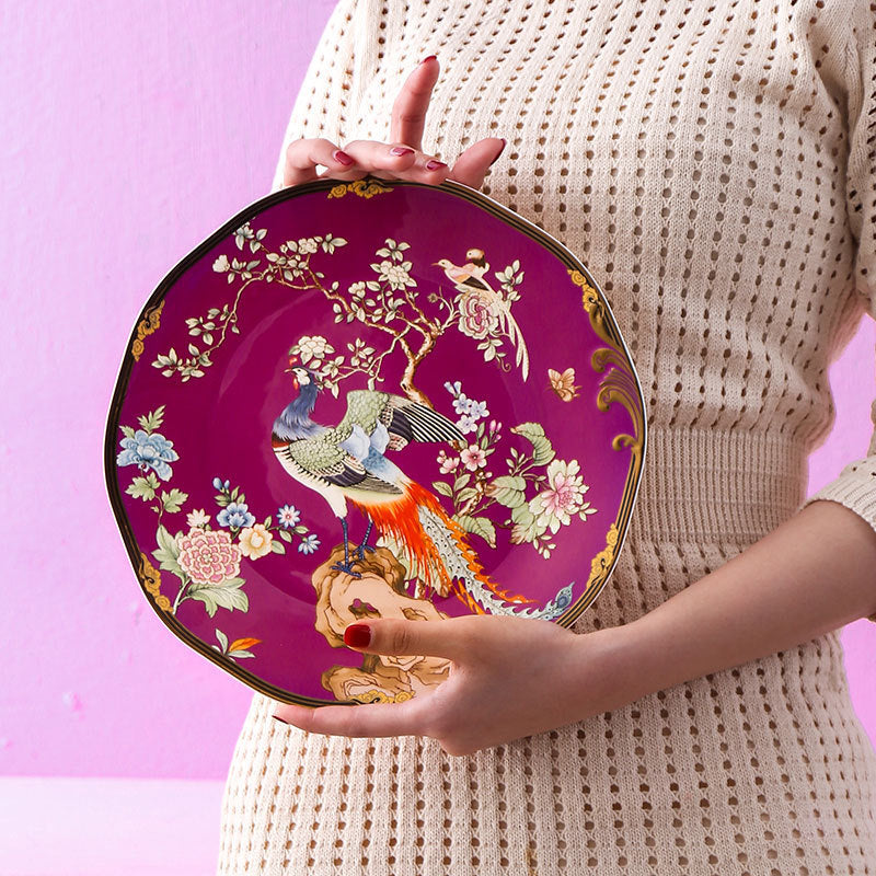 Purplish red Hundred Birds Facing the Phoenix bone china decorative plate with floral and bird motif