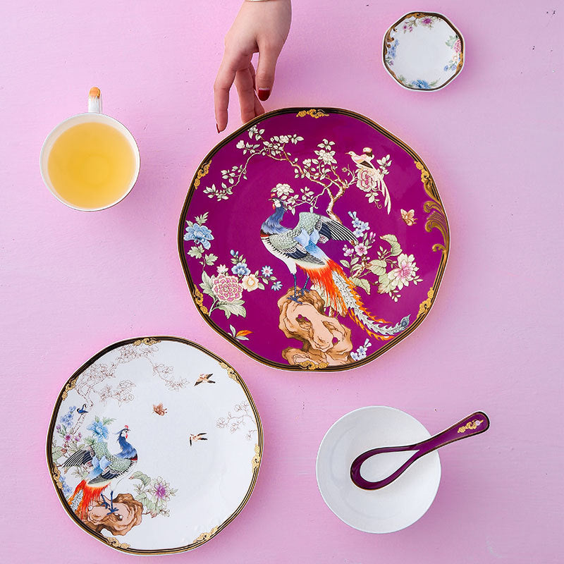 Purplish red Hundred Birds Facing the Phoenix bone china table setting with plates bowl tea and spoon
