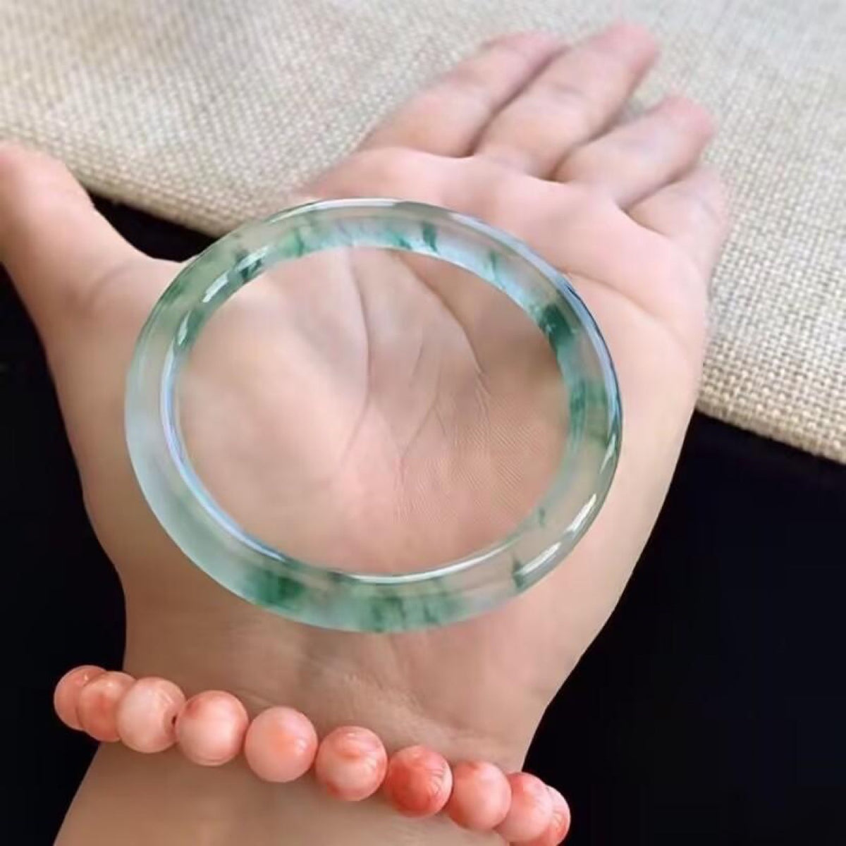 Certified green quartzite jade bangle, glossy rounded profile