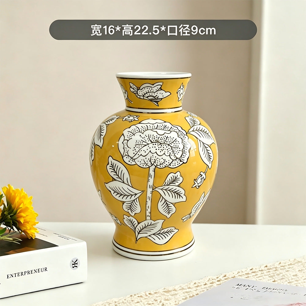 Imperial yellow and white peony vase, 16 cm wide and 22.5 cm high