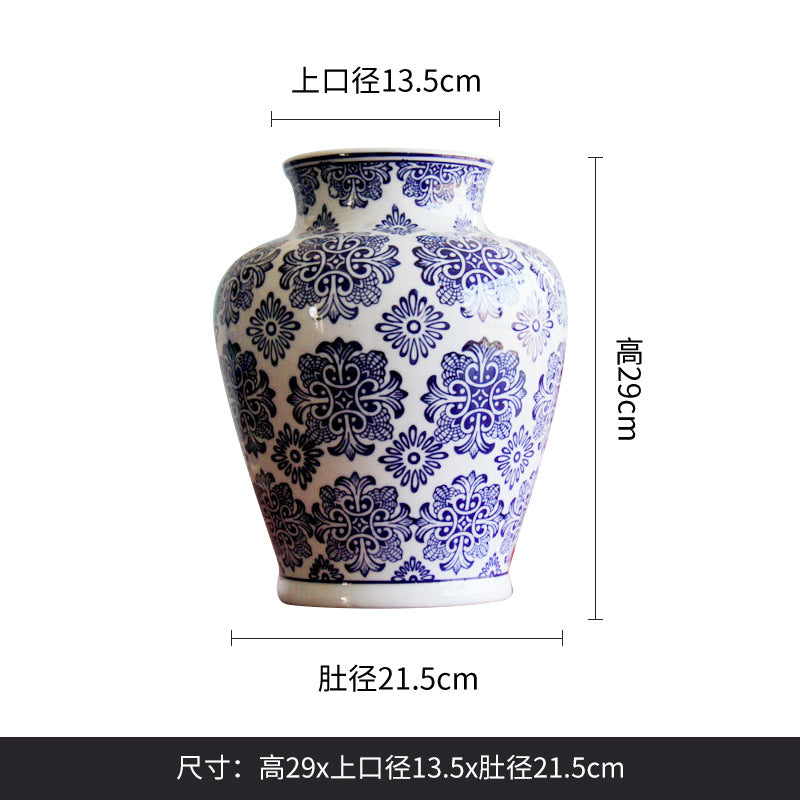 Indigo blue motif wide-mouth ceramic vase, 29 cm high