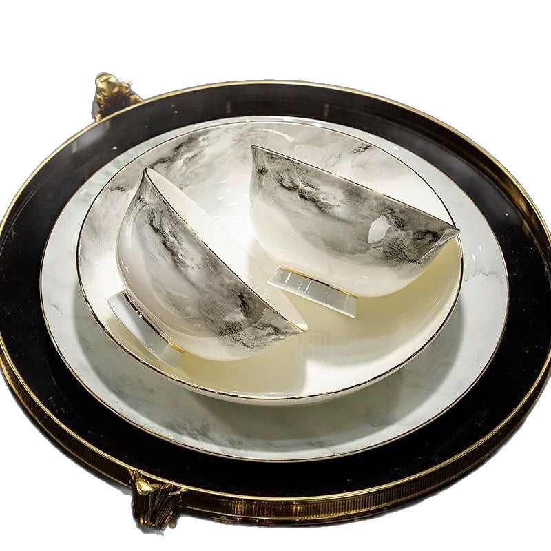 Ink-wash landscape bone china layered plates and bowls with fine gold-tone edging
