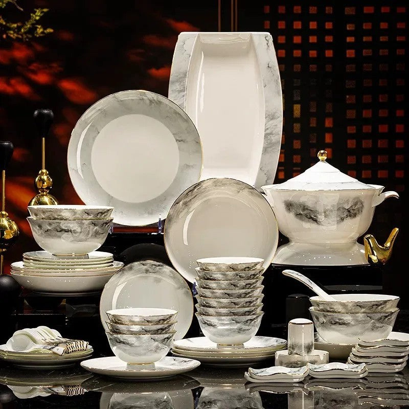 Jingdezhen ink-wash landscape underglaze bone china dinnerware set with bowls plates tureen spoons and serving pieces