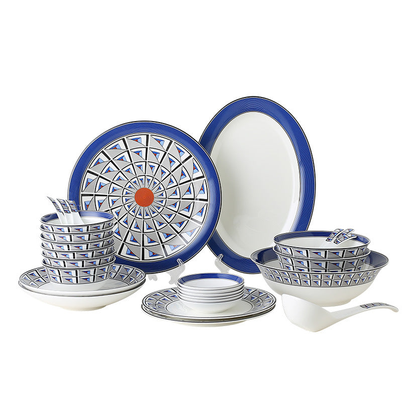 Italian geometric blue bone china 28-piece dinnerware collection