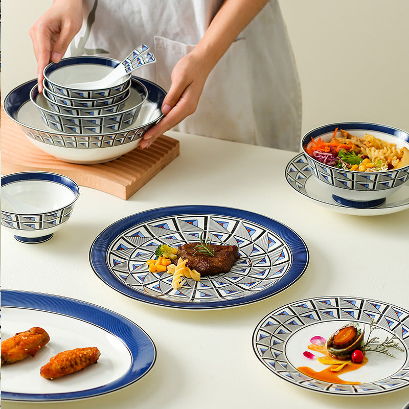 Italian geometric blue bone china bowls and plates dining presentation