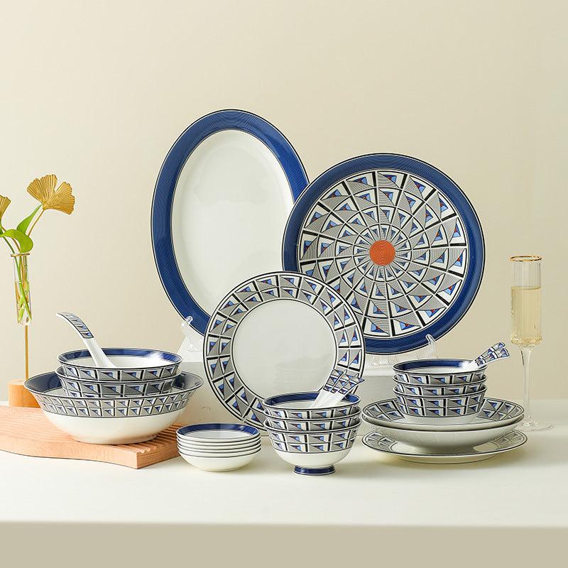 Italian geometric blue bone china full 28-piece dinnerware display
