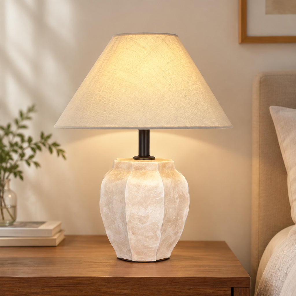 White Wabi-Sabi ceramic jar table lamp styled as a bedside light