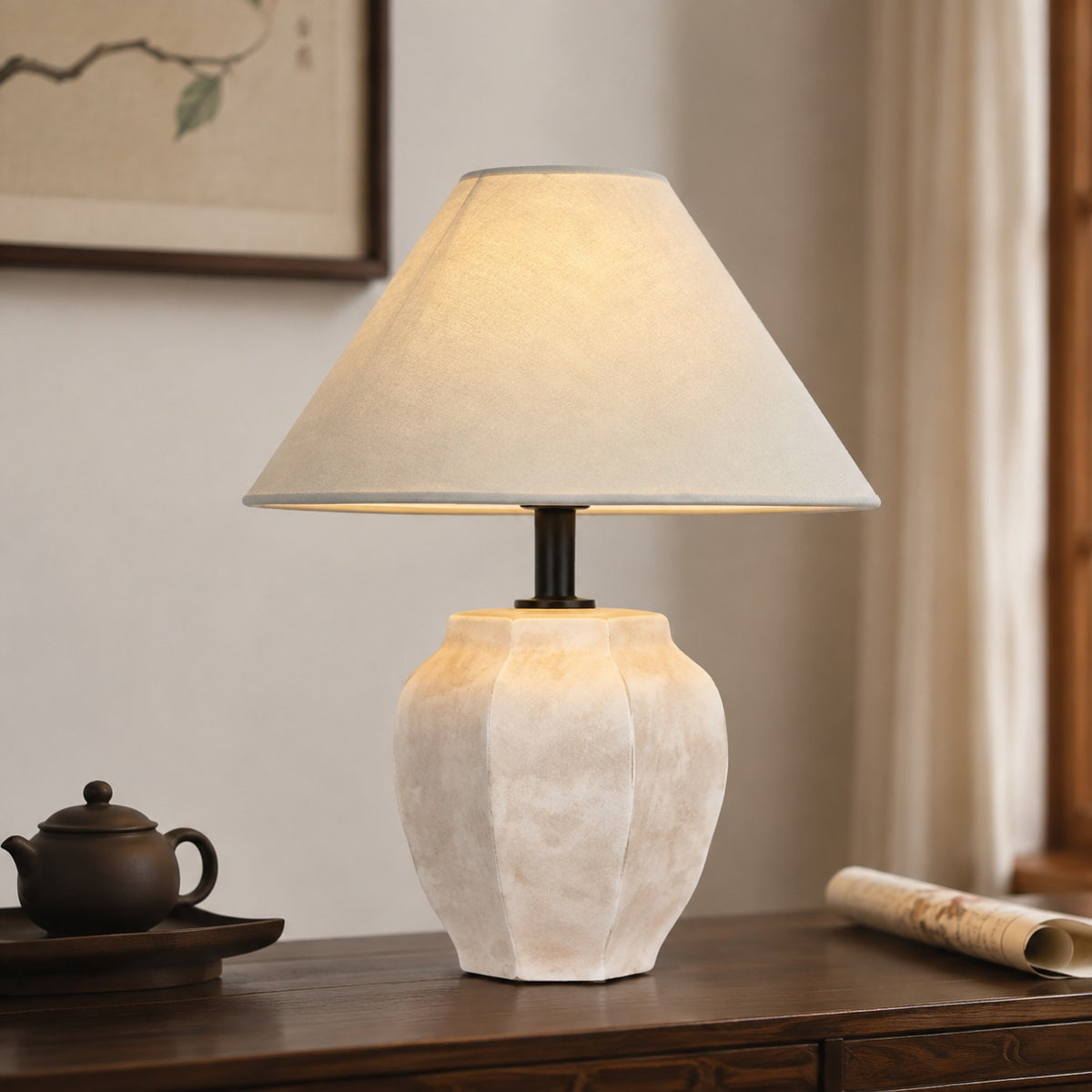 White ceramic jar lamp paired with tea ware and New Chinese wood furniture