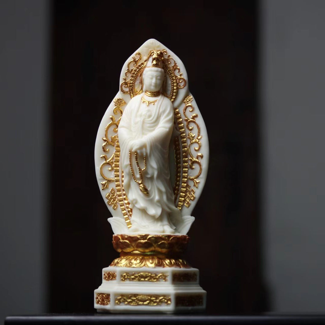 Natural ivory nut Buddhist figurine from Chinese Guanyin and Buddha statue collection, tagua vegetable ivory decor