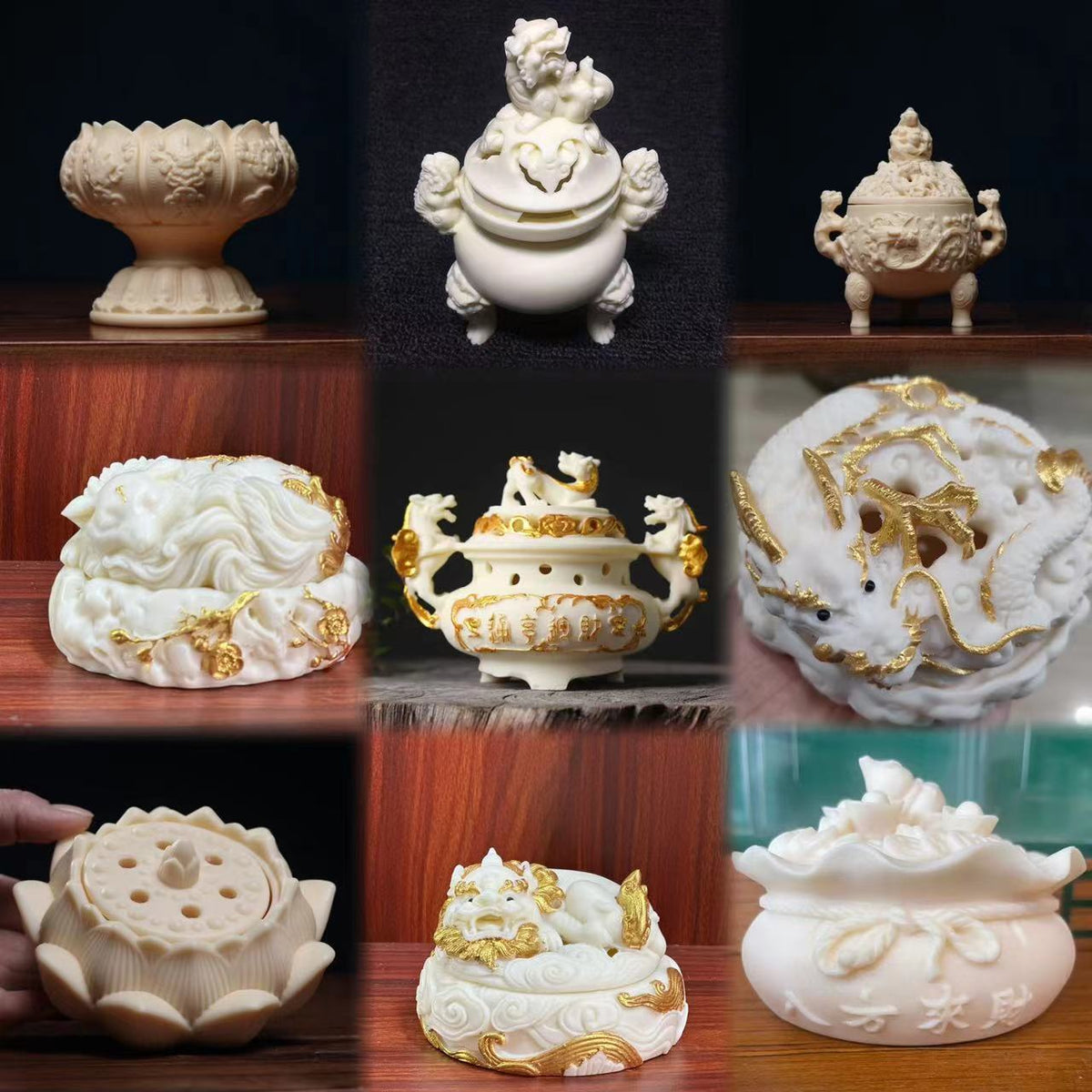 ClayZenith ivory nut Chinese incense burner collection showing Pixiu, dragon, lotus, Eight Treasures, crane and other tagua vegetable ivory decor styles