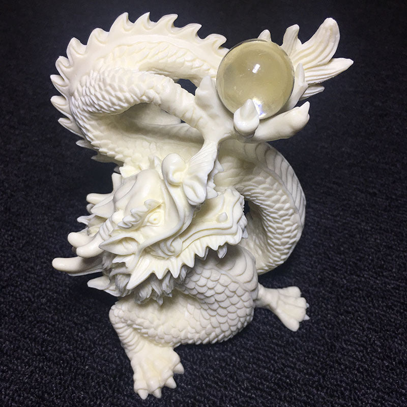 Ivory nut Chinese zodiac dragon statue with pearl motif, auspicious tagua carving for desk, shelf and gift decor