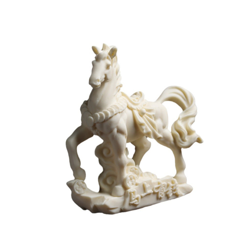 Ivory nut tagua horse feng shui ornament with Chinese prosperity inscription for desk or shelf decor